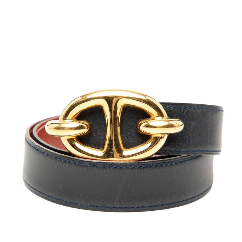 Hermès Box Calf Chaine d Ancre Reversible Belt 65 Blue Leather Very good condition - Front View