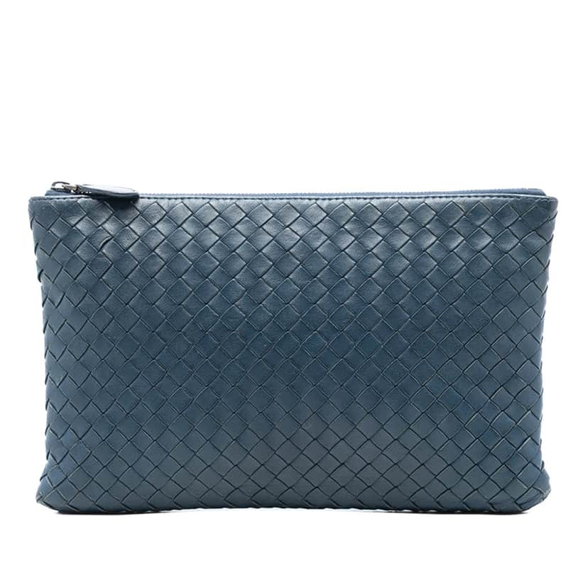 Bottega Veneta Nappa Intrecciato Clutch Blue Leather Very good condition - Front View