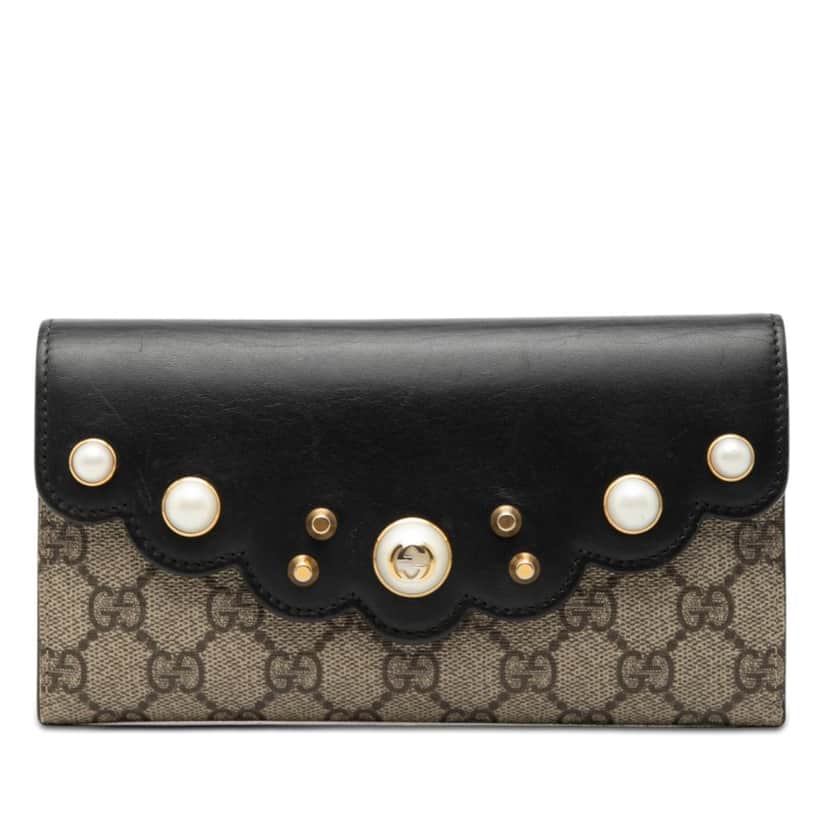 Gucci GG Supreme Pearl Studded Peony Long Wallet Beige Very good condition - Front View