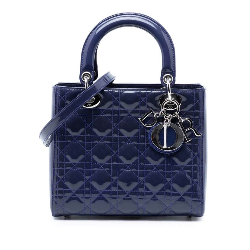 Dior Medium Patent Cannage Lady Dior Blue Leather Very good condition - Front View