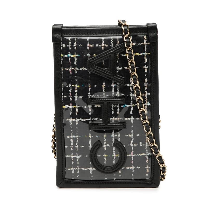 Chanel Tweed and PVC Phone Clutch with Chain Black Very good condition - Front View