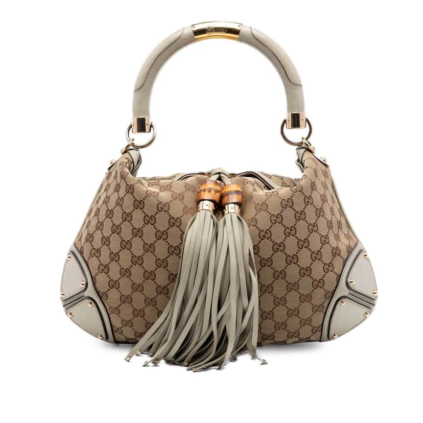 Gucci Medium GG Canvas Bamboo Indy Hobo Beige Very good condition - Front View