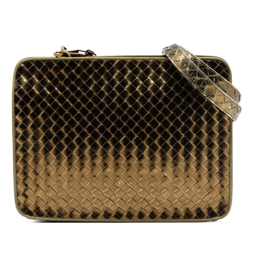 Bottega Veneta Metallic Nappa Intrecciato Shoulder Bag Gold Leather Good condition - Front View