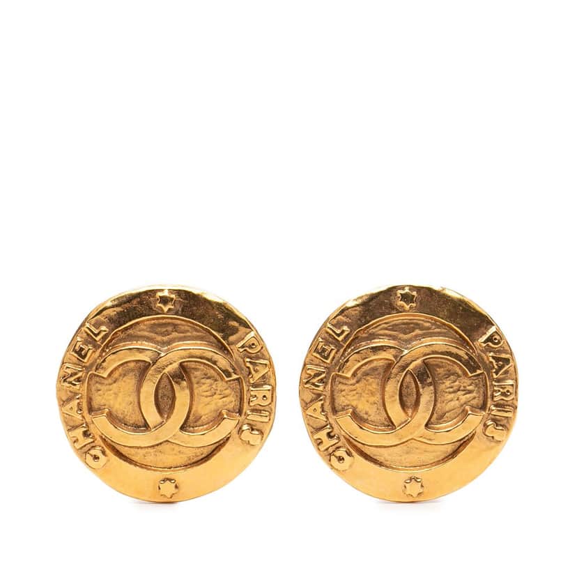 Chanel CC Gold Plated Round Clip On Earrings Gold Metal Very good condition - Front View