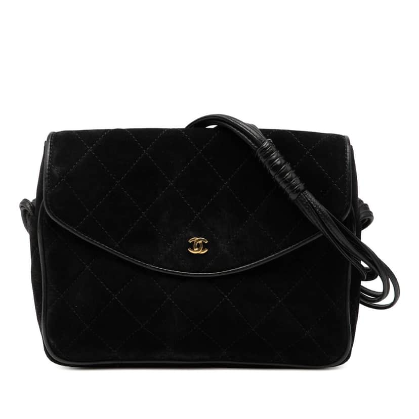 Chanel CC Quilted Suede Shoulder Bag Black Leather Good condition - Front View
