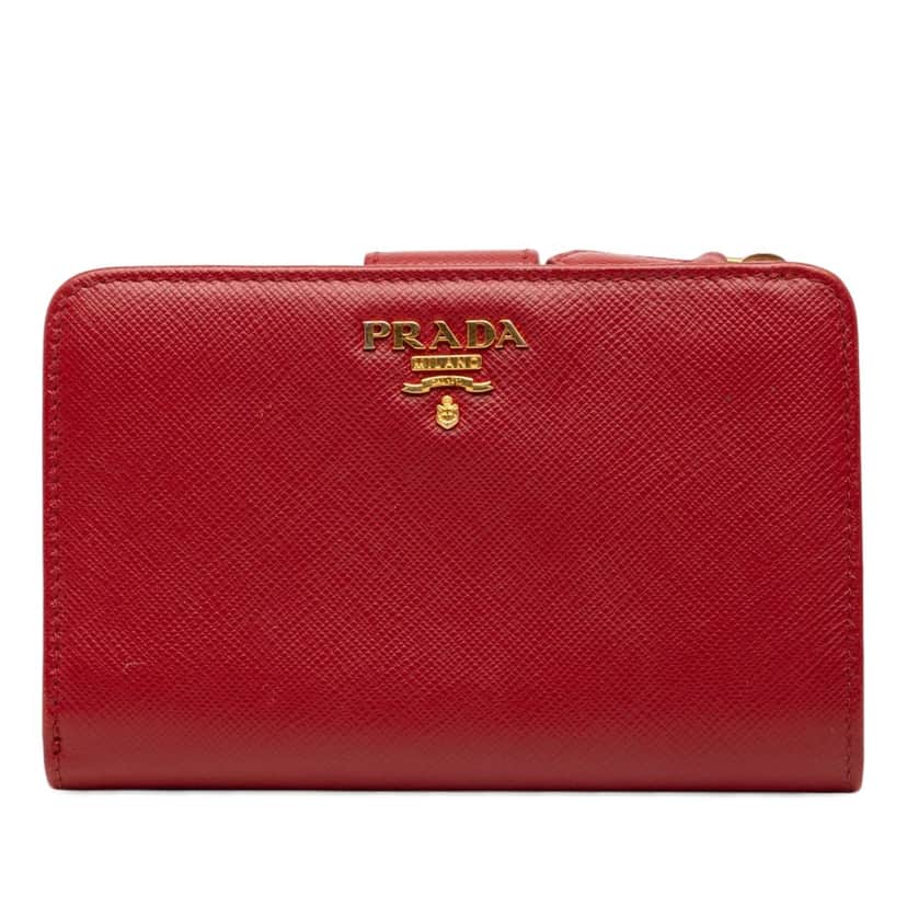 Prada Saffiano Bifold Compact Wallet Red Leather Very good condition - Front View