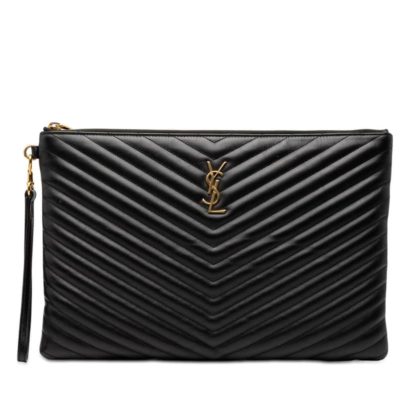 Saint Laurent Quilted Chevron Leather Monogram Document Holder Black Leather Very good condition - Front View