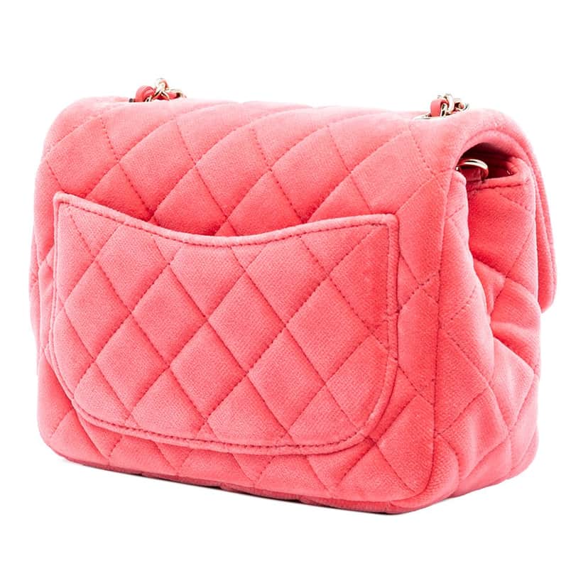 Chanel Mini Square Classic Velvet Pearl Crush Single Flap Pink Never worn, with tag - Front View