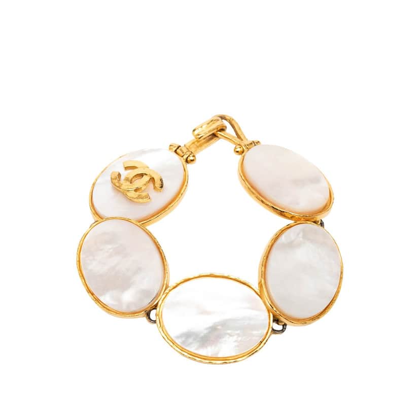 Chanel Gold Plated CC Mother of Pearl Cuff Bracelet Gold Metal Very good condition - Front View