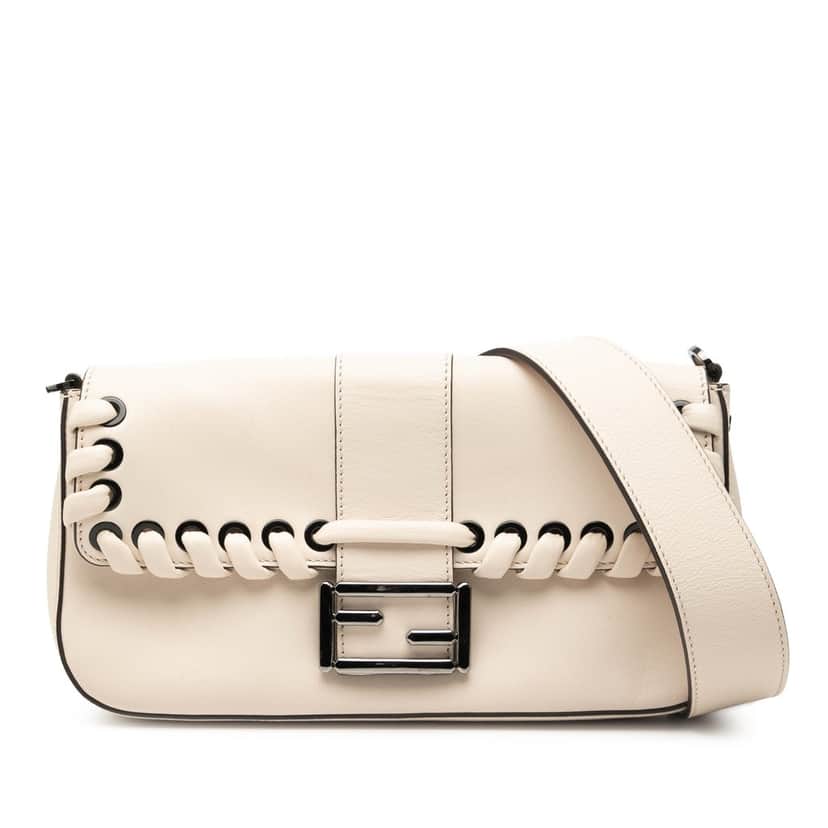 Fendi Whipstitch Leather Baguette Crossbody White Leather Very good condition - Front View