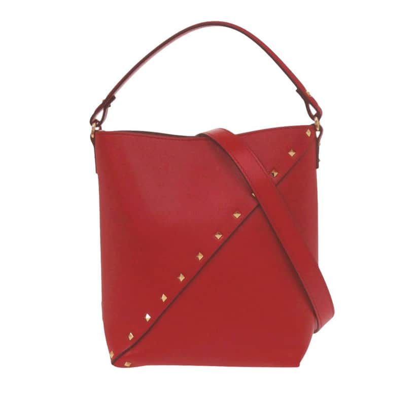 Valentino Leather Rockstud Wispy Bucket Bag Red Leather Very good condition - Front View