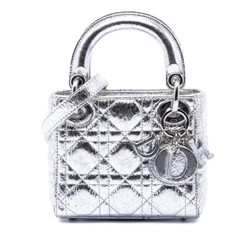 Dior Micro Metallic Crinkled Calfskin Cannage Lady Dior Silver Leather Very good condition - Front View
