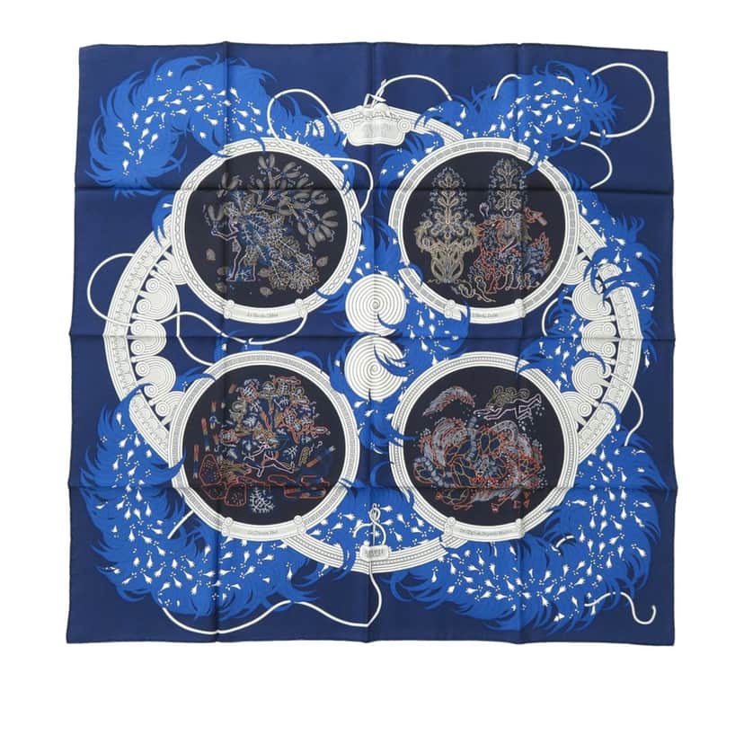 Hermès Legende Brodee Silk Scarf Blue Very good condition - Front View