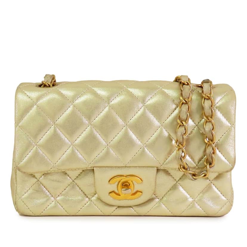Chanel Mini Rectangular Classic Metallic Lambskin Single Flap Gold Leather Very good condition - Front View