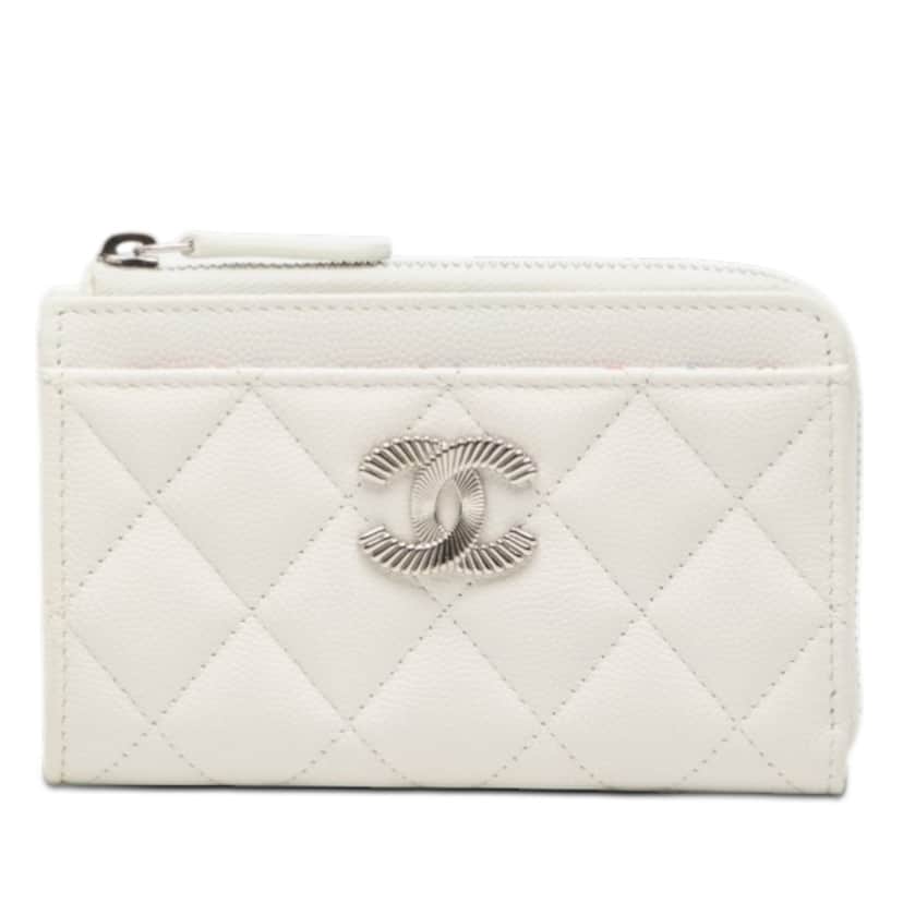 Chanel CC Quilted Caviar Zip Around Coin and Card Holder White Leather Very good condition - Front View