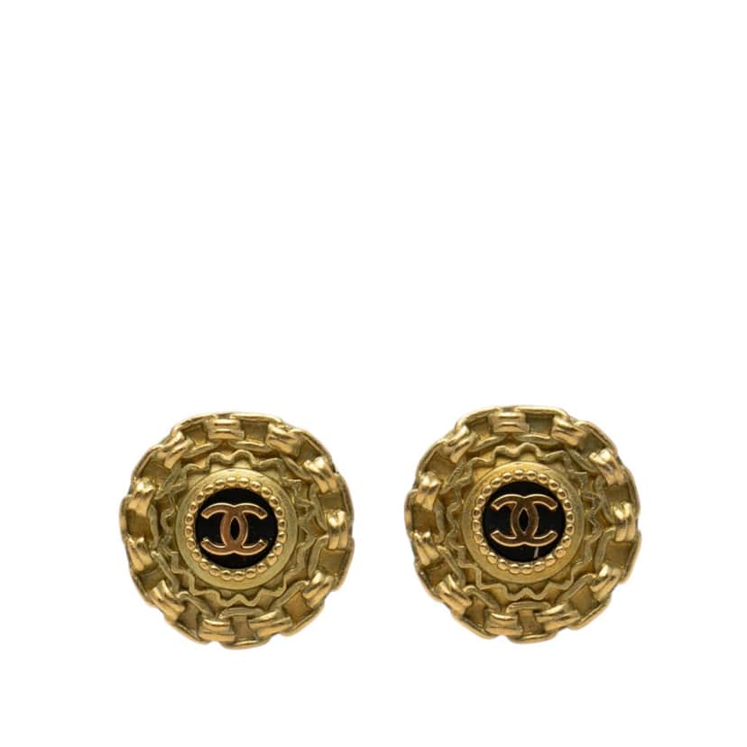 Chanel CC Gold Plated Resin Chain Round Clip On Earrings Gold Metal Very good condition - Front View