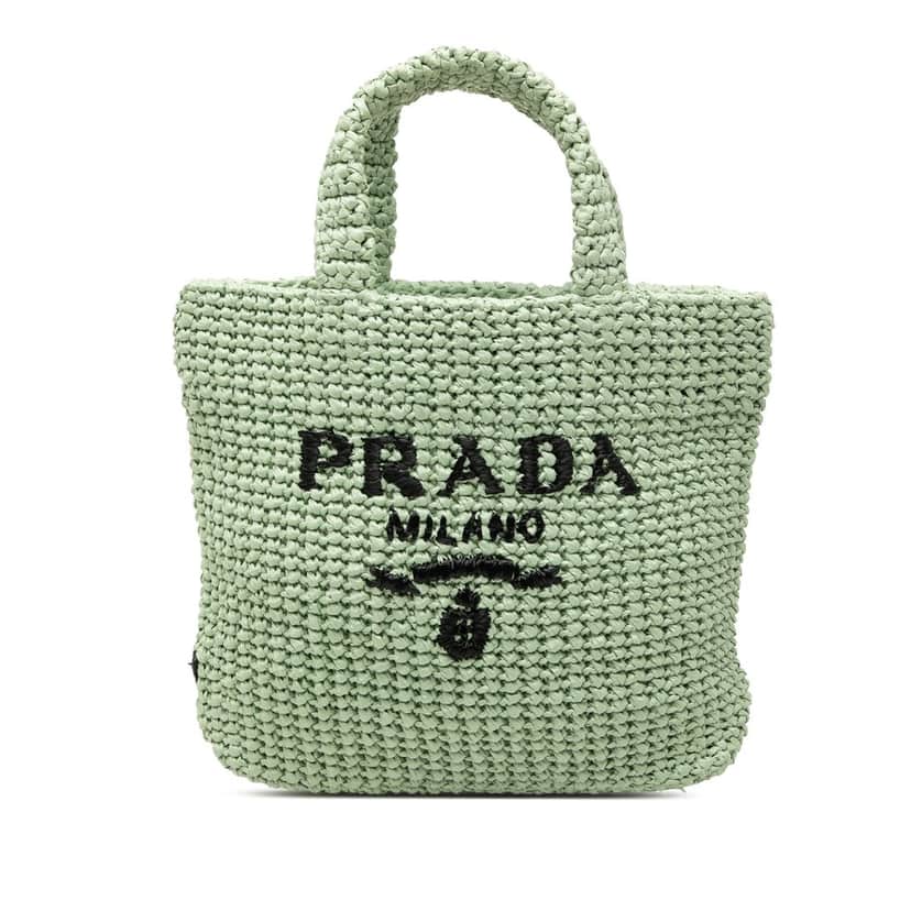 Prada Small Raffia Effect Crochet Embroidered Logo Tote Green Very good condition - Front View