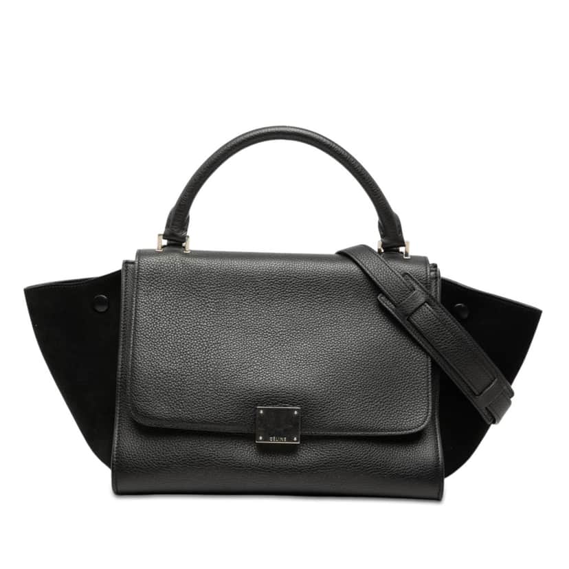 Celine Small Drummed Calfskin and Suede Trapeze Satchel Black Leather Very good condition - Front View