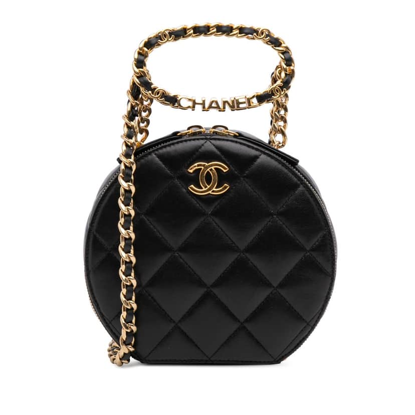 Chanel Quilted Lambskin Oval Logo Chain Top Handle Round Clutch on Chain Black Leather Very good condition - Front View