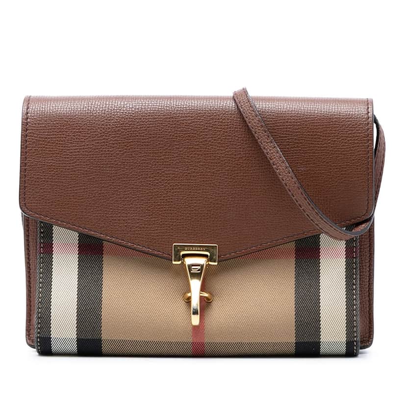 Burberry Small Leather and House Check Canvas Derby Macken Crossbody Brown Very good condition - Front View