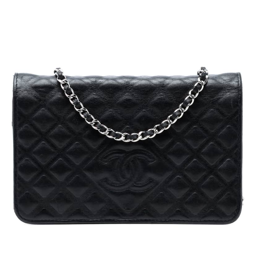 Chanel CC Embossed Lambskin Diamond Wallet On Chain Black Leather Very good condition - Front View
