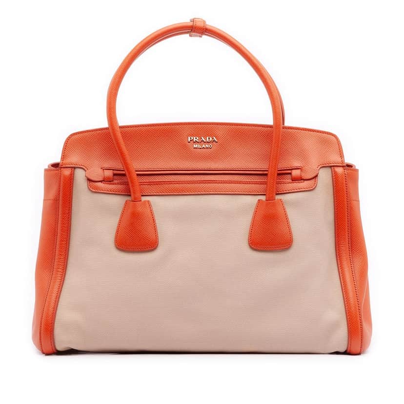 Prada Bicolor Saffiano Cuir Trimmed Canvas Satchel Beige Very good condition - Front View