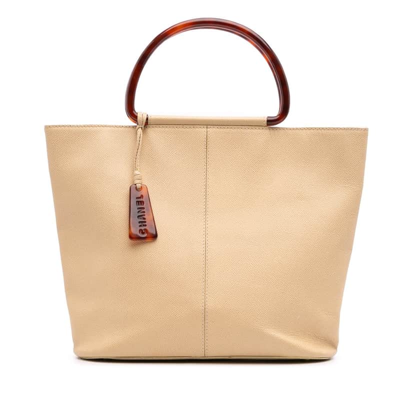 Chanel Grained Calfskin Tortoise Top Handle Tote Beige Leather Very good condition - Front View