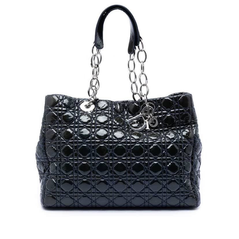 Dior Large Patent Cannage Lady Dior Soft Shopping Tote Blue Leather Very good condition - Front View