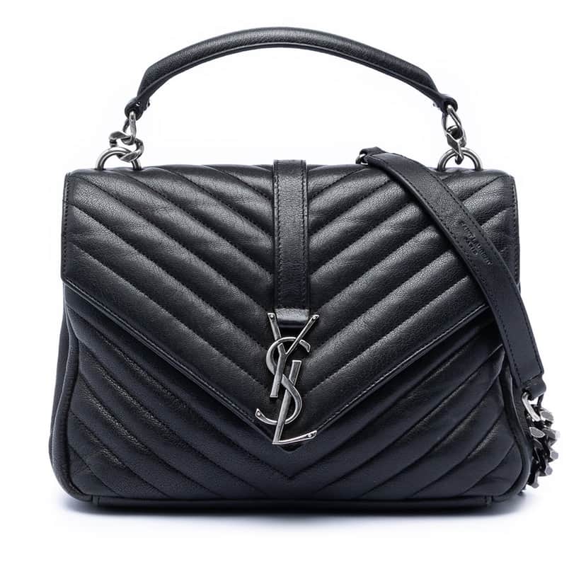 Saint Laurent Medium Chevron Sheepskin Monogram College Satchel Black Leather Very good condition - Front View