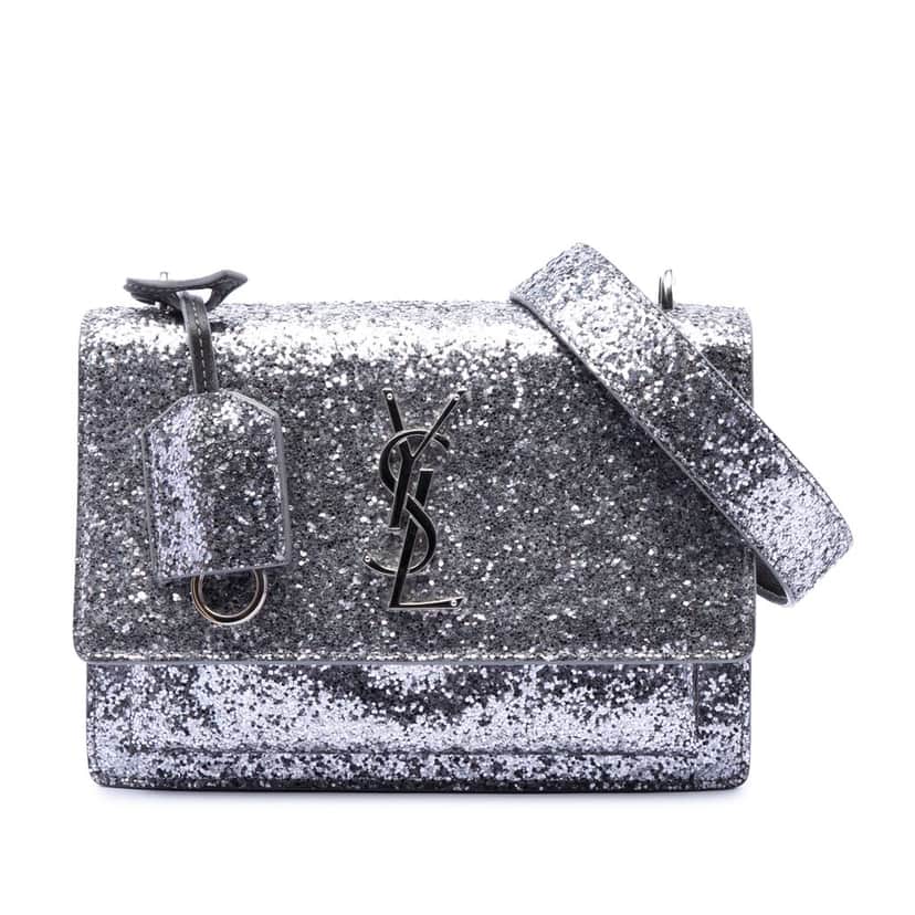 Saint Laurent Small Glitter Leather Monogram Sunset Crossbody Silver Leather Very good condition - Front View