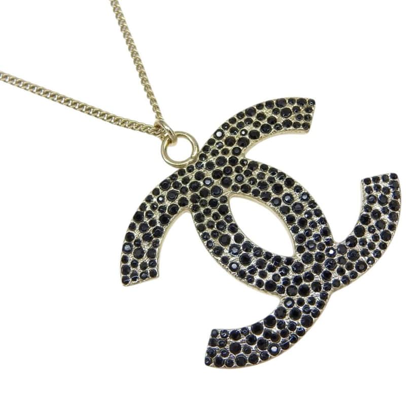 Chanel CC Gold Plated Rhinestone Pendant Necklace Gold Metal Very good condition - Front View