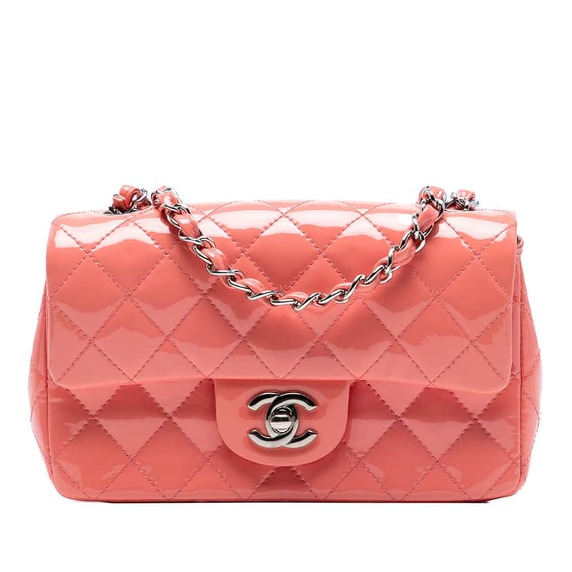 Chanel Mini Rectangular Classic Patent Single Flap Pink Leather Very good condition - Front View