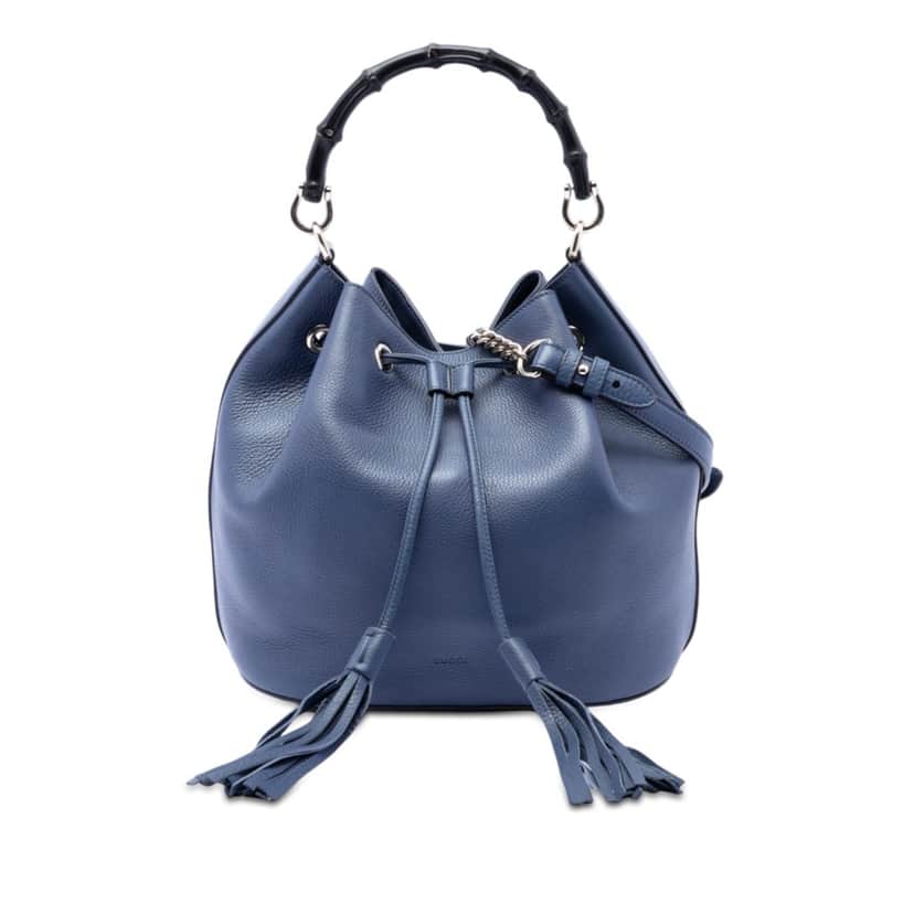 Gucci Pebbled Calfskin Miss Bamboo Tassel Bucket Bag Blue Leather Very good condition - Front View