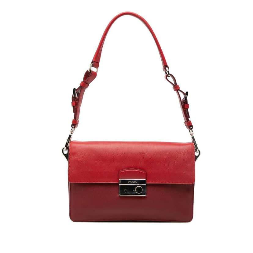 Prada Bicolor Saffiano Sound Lock Shoulder Bag Red Leather Very good condition - Front View