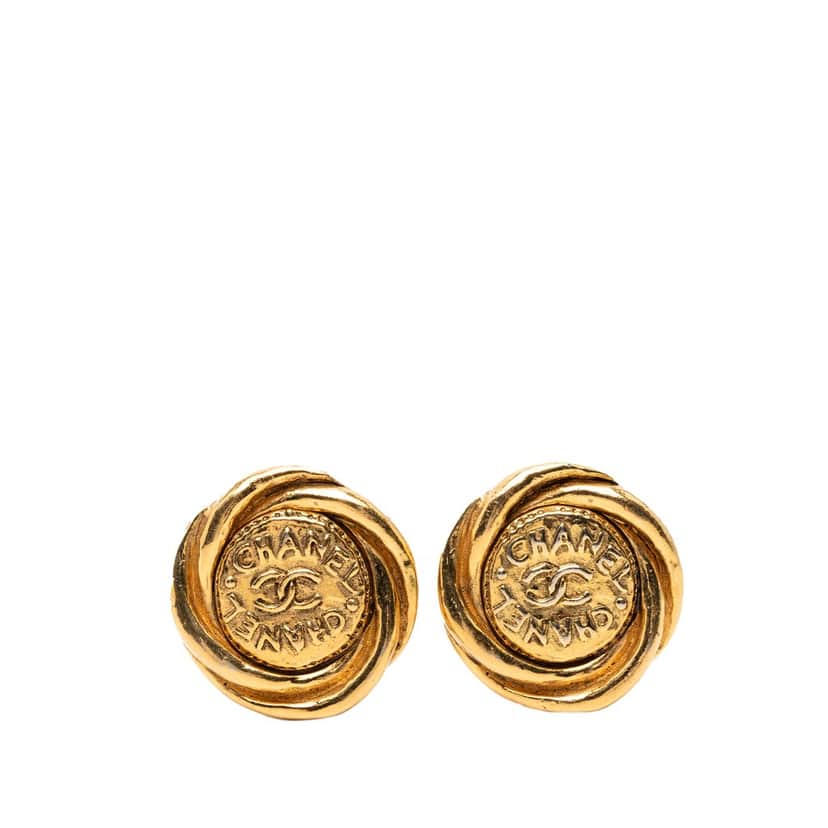 Chanel CC Gold Plated Round Clip On Earrings Gold Metal Very good condition - Front View