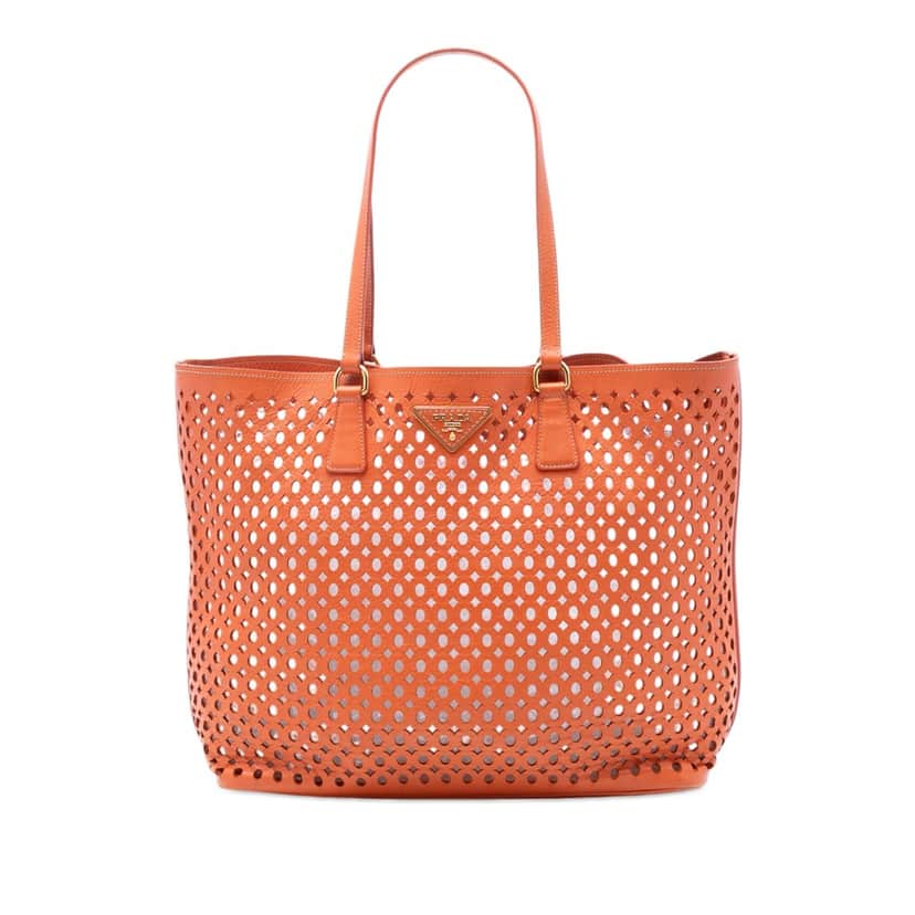 Prada Perforated Saffiano Fori Shopping Tote Orange Leather Very good condition - Front View