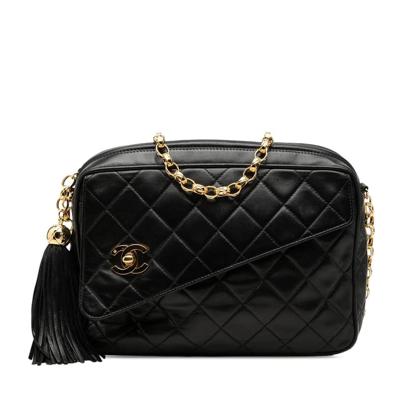 Chanel CC Quilted Lambskin Tassel Camera Bag Black Leather Very good condition - Front View