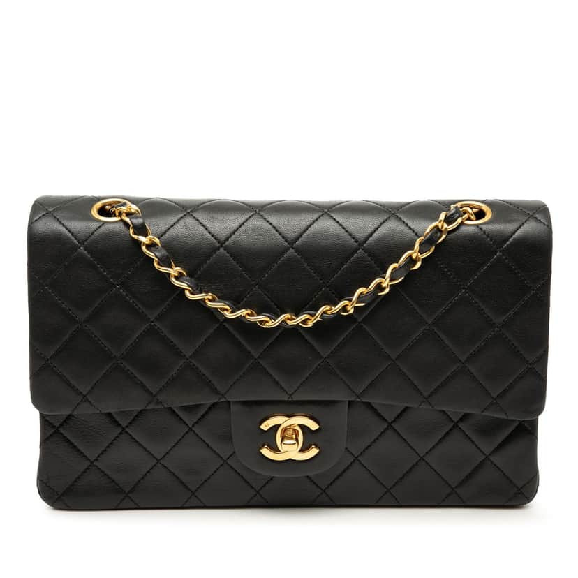 Chanel Medium Classic Lambskin Double Flap Black Leather Very good condition - Front View