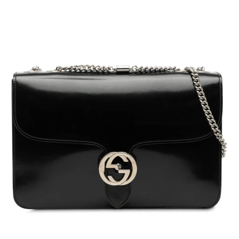 Gucci Medium Patent Dollar Interlocking G Crossbody Black Leather Very good condition - Front View