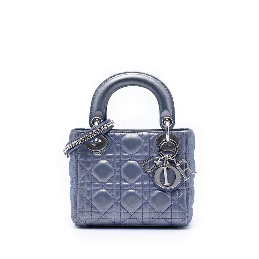 Dior Mini Iridescent Lambskin Cannage Lady Dior Blue Leather Very good condition - Front View
