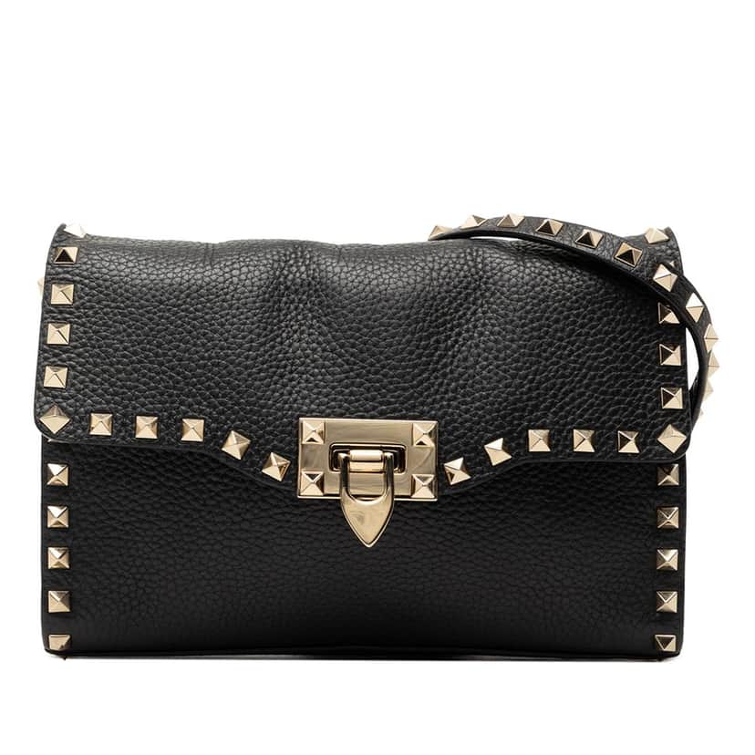 Valentino Small Grainy Calfskin Rockstud Flap Crossbody Black Leather Very good condition - Front View