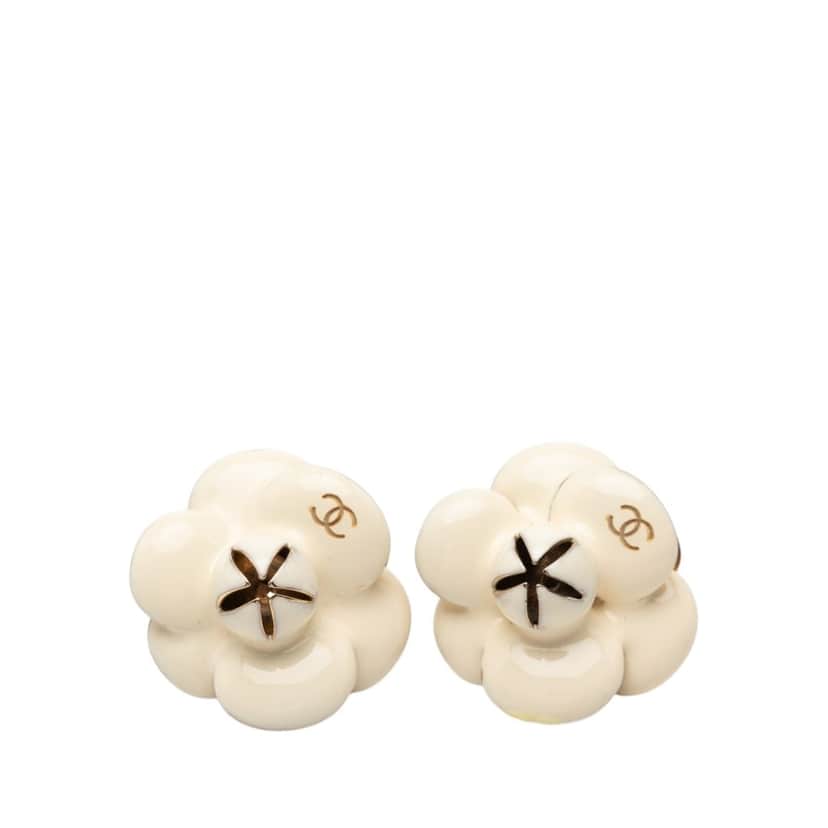 Chanel CC Gold Plated Enamel Camellia Clip On Earrings White Very good condition - Front View
