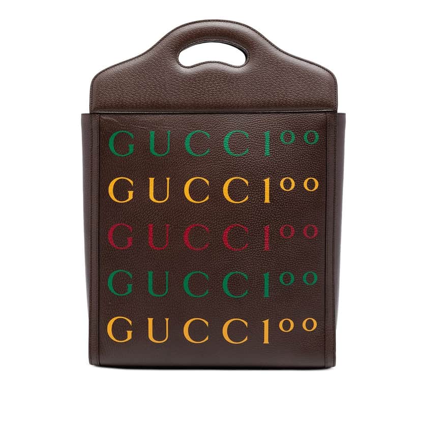 Gucci 100th Anniversary Textured Calfskin Logo Convertible Tote Brown Leather Very good condition - Front View