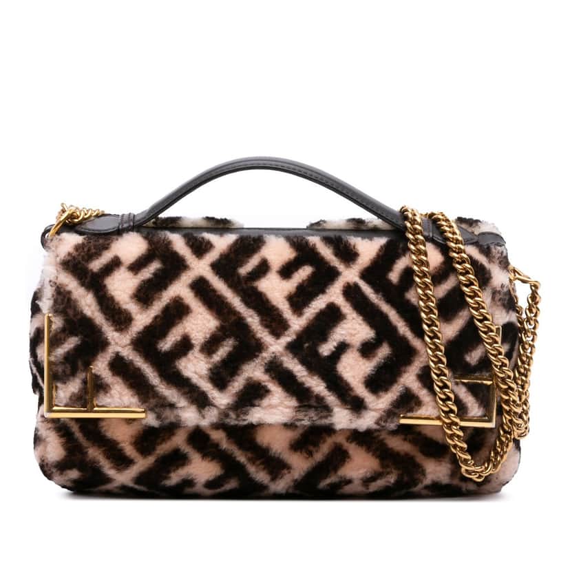 Fendi Zucca Shearling Double F Baguette Satchel Beige Very good condition - Front View