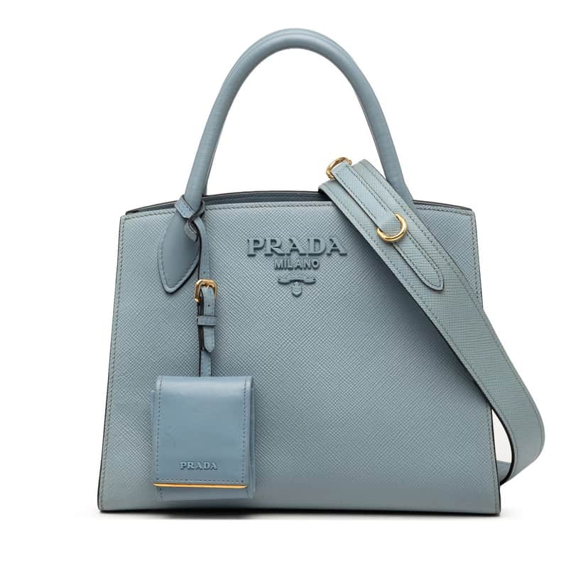 Prada Small Saffiano Cuir Monochrome Top Handle Tote Blue Leather Very good condition - Front View