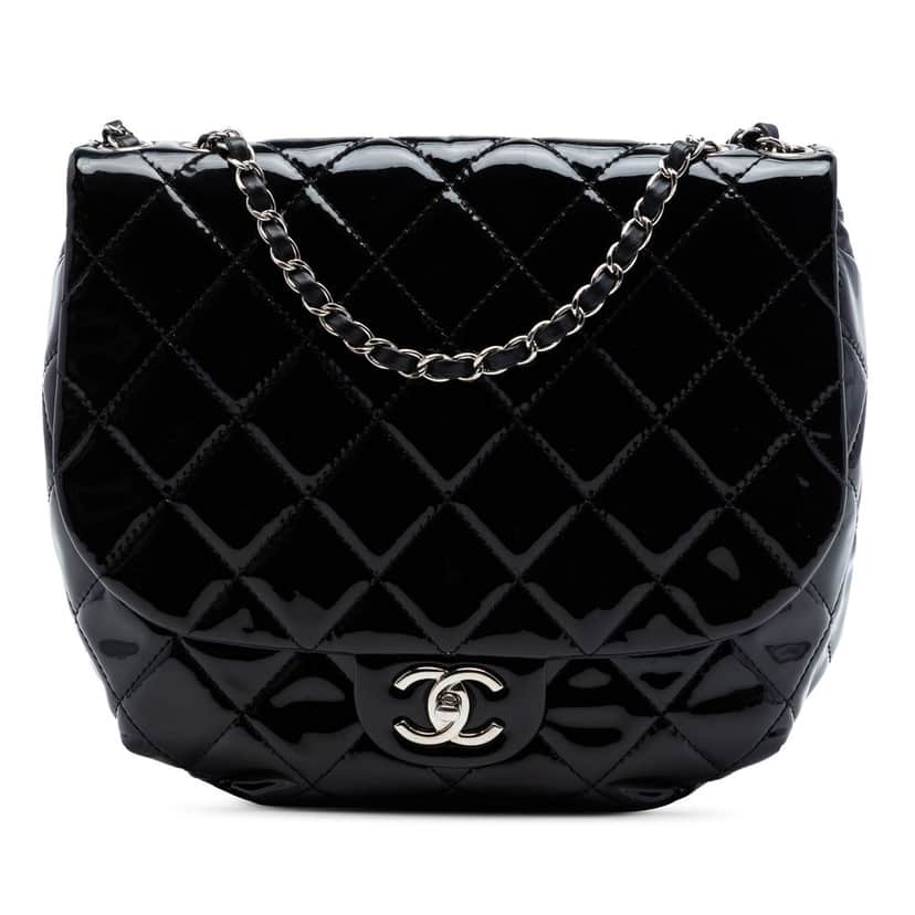 Chanel Medium Quilted Patent Bubble CC Flap Black Leather Very good condition - Front View