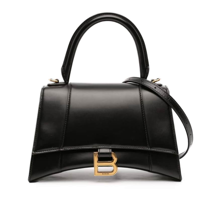 Balenciaga Small Shiny Box Calfskin Hourglass Top Handle Bag Black Leather Very good condition - Front View