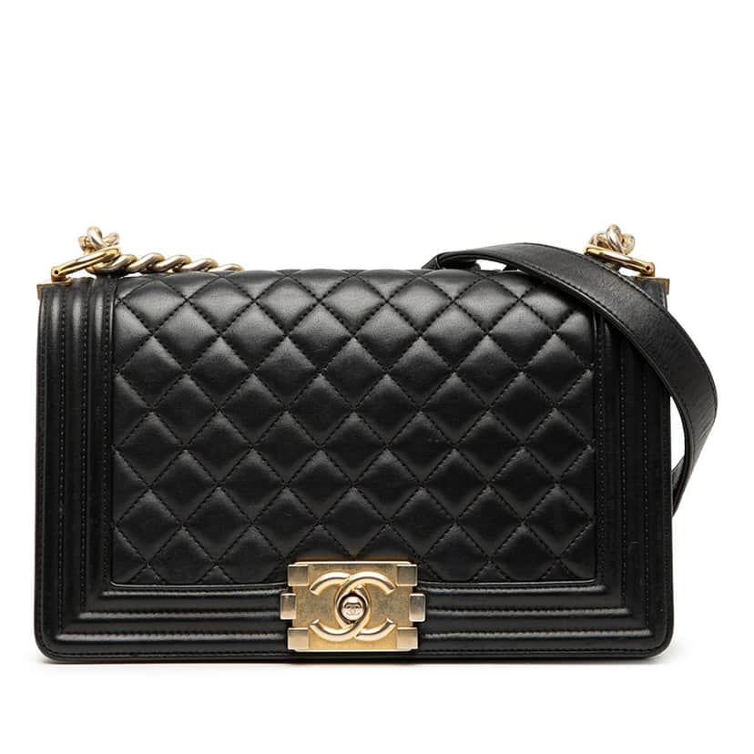 Chanel Medium Quilted Lambskin Boy Flap Black Leather Very good condition - Front View
