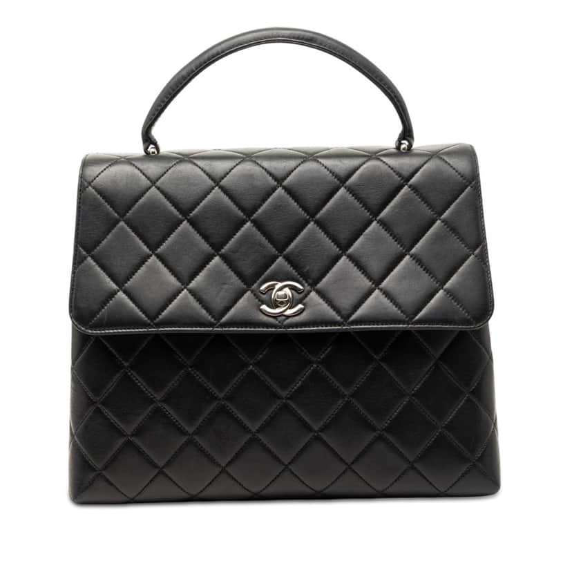 Chanel Quilted Lambskin Kelly Top Handle Bag Black Leather Very good condition - Front View