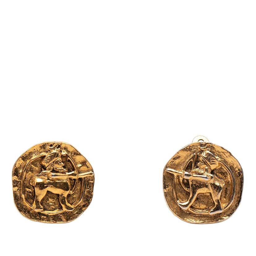 Chanel Gold Plated Archer Medallion Clip On Earrings Gold Metal Very good condition - Front View